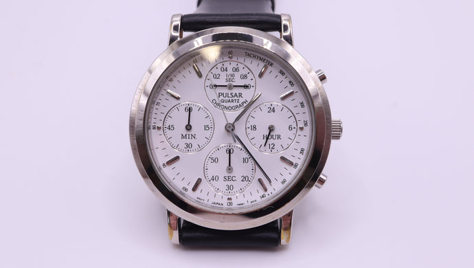 Pulsar Quartz Chronograph - V656-9000 - Black Leather Strap-Welwyn Watch Parts