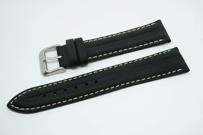 Black Ribbed Strap w White Stitching - Steel Buckle - New !!-Welwyn Watch Parts