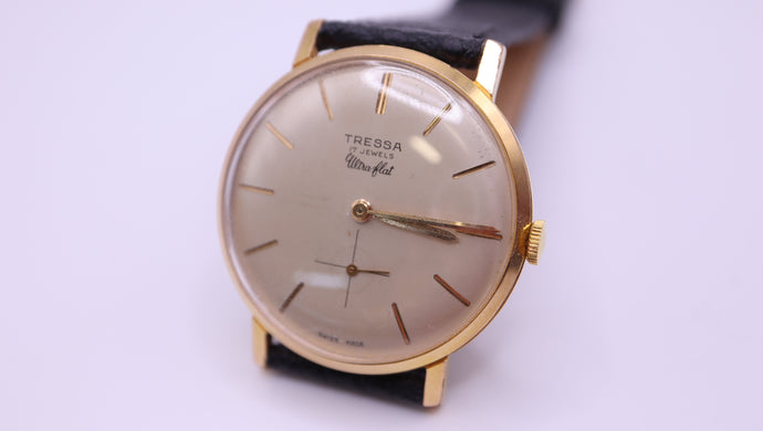 Tressa Ultra Flex - Thin Gents Wristwatch - GP - Black Leather Strap-Welwyn Watch Parts