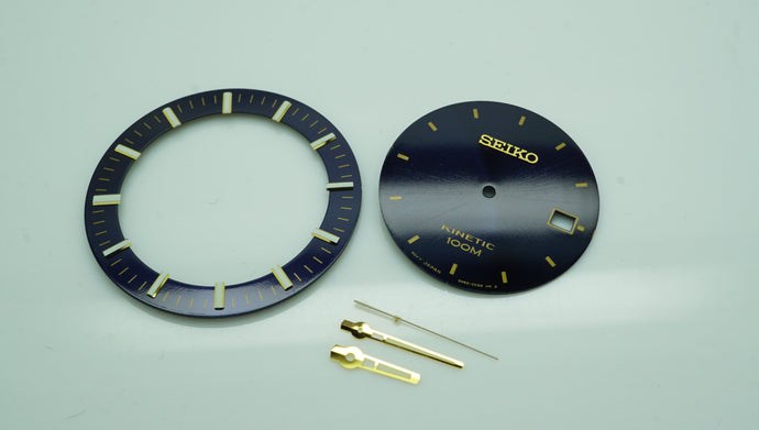 Seiko Kinetic - Blue & Gold Dial & Hands + Inner Bezel Surround - Model 5M62-0CZ0-Welwyn Watch Parts
