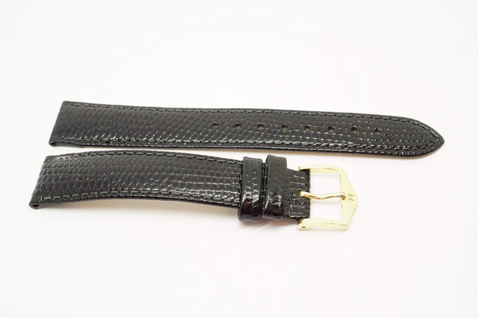 Hirsh Rainbow Black Leather Strap - Lizard Grain w gold Plated Buckle 17mm-Welwyn Watch Parts