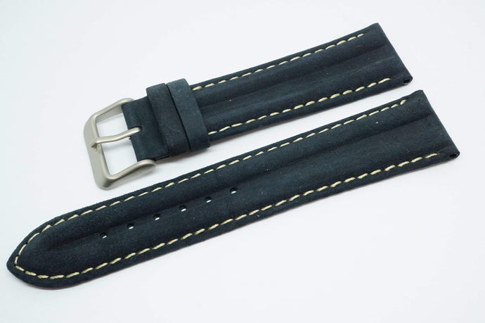 Dark Blue Ribbed Strap w White Stitching - Steel Buckle - New !!-Welwyn Watch Parts